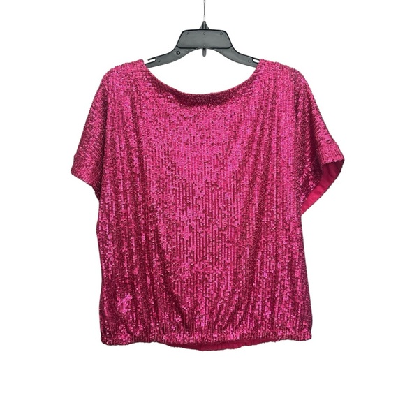 Trina Turk Sprite 2 Top Size Medium Pink Sequin Party Glam Colorful Boatneck - Picture 3 of 5